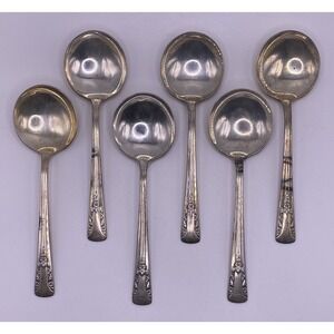 Antique Soup Spoons Camelia Vintage Set of 6 Silver-plated Art Deco Floral Decor